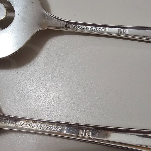 International Silver Tulip Serving Set 2pc floral center design 1950s Vtg minima - Picture 10 of 13